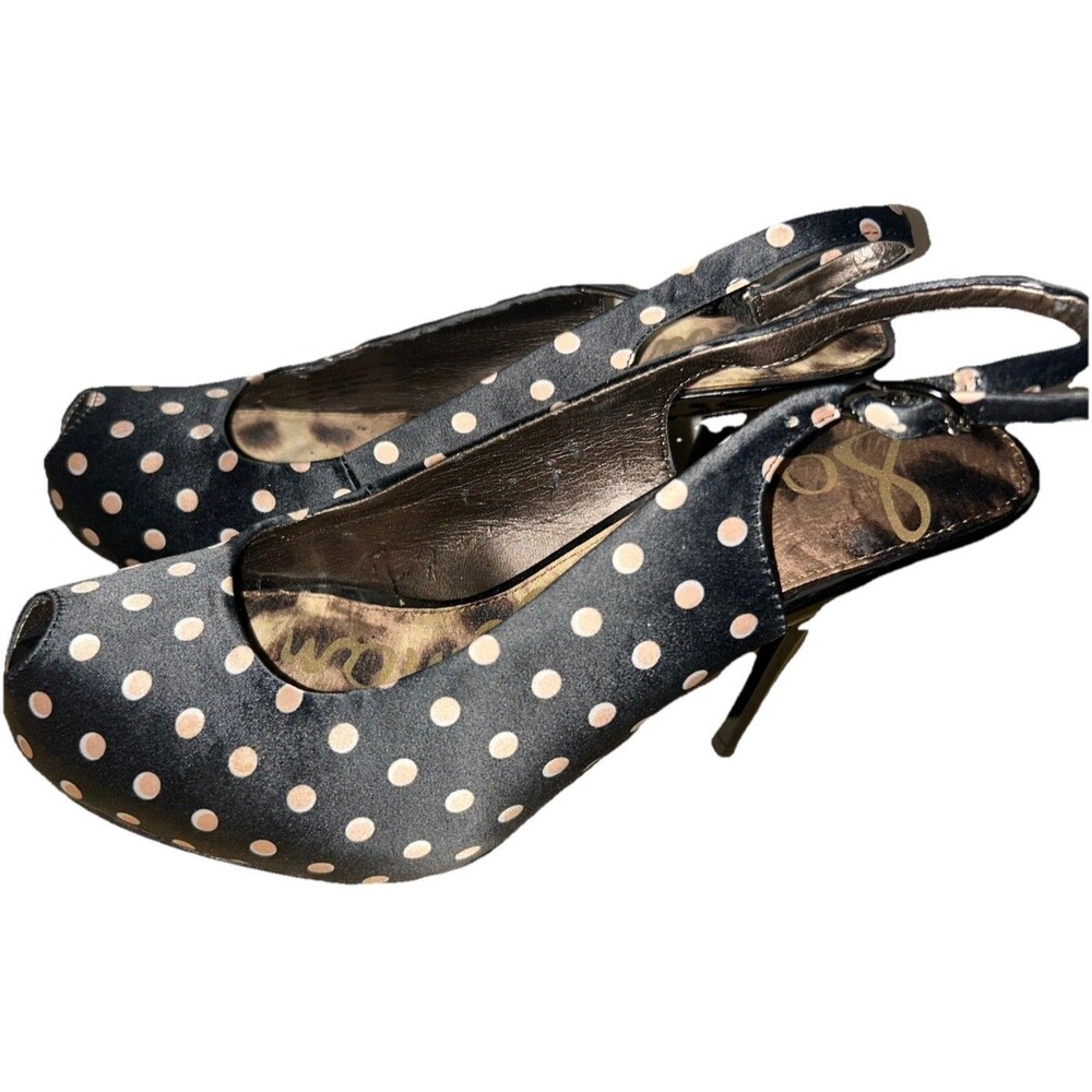 Sam Edelman Evelyn Black & Tan Polka Dot Peep Toe Slingback Heels Stiletto Sz 8M